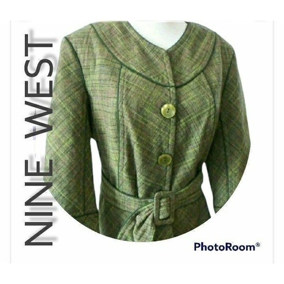TWEED BLAZER BELTED TAILORED GREEN WOOL BLEND BELTED COAT SIZE 12 WOMENS SZ 12 - Picture 2 of 7